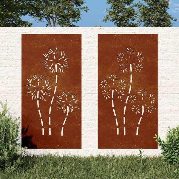 vidaXL Adorno pared jard&iacute;n 2 uds acero corten dise&ntilde;o flores 105x55 cm