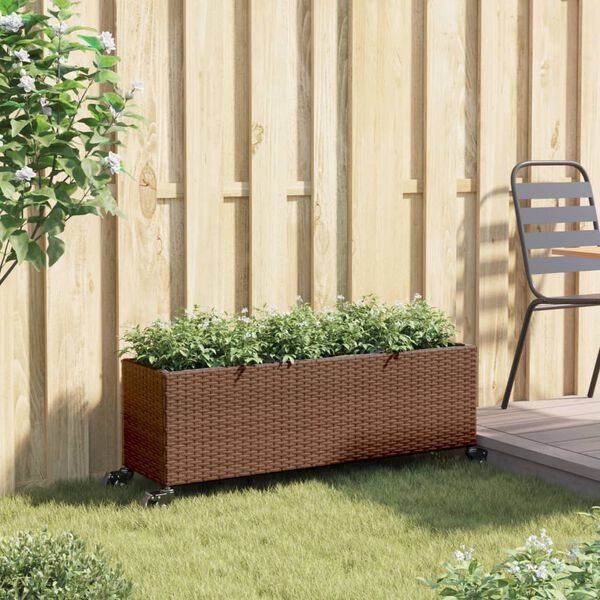 vidaXL Jardinera con ruedas y 3 maceteros rat&aacute;n PE marr&oacute;n 107x32x38 cm