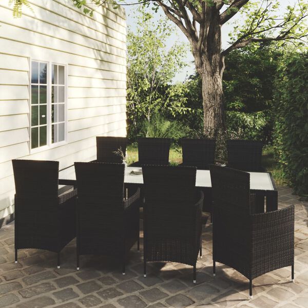 vidaXL Set comedor de jard&iacute;n 9 piezas y cojines rat&aacute;n sint&eacute;tico negro