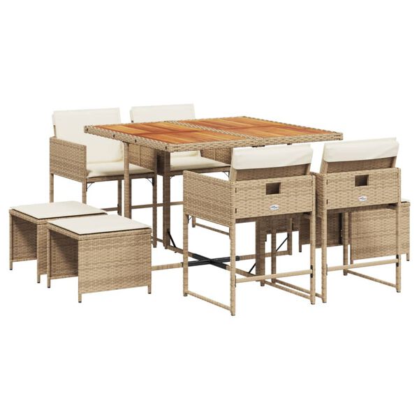 vidaXL Set comedor de jard&iacute;n 9 pzas con cojines rat&aacute;n sint&eacute;tico beige