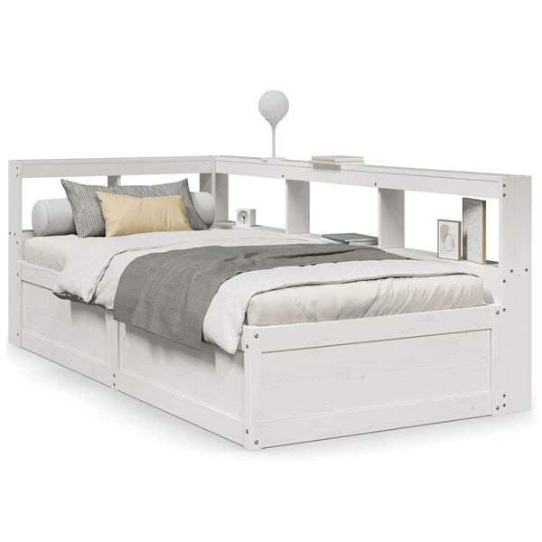 vidaXL Cama con estanter&iacute;a sin colch&oacute;n madera maciza blanca 75x190 cm