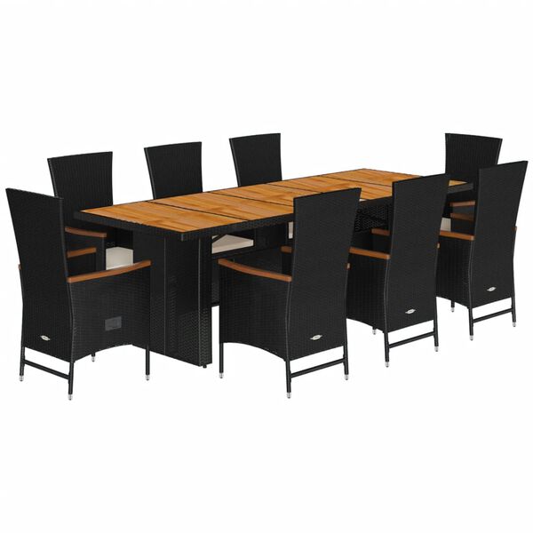 vidaXL Set de comedor de jard&iacute;n 9 pzas y cojines rat&aacute;n sint&eacute;tico negro