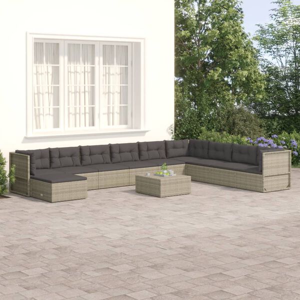 vidaXL Set de muebles de jard&iacute;n 10 pzas y cojines rat&aacute;n sint&eacute;tico gris