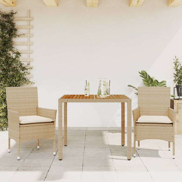 vidaXL Set de comedor jardín 3 pzas con cojines ratán PE acacia beige