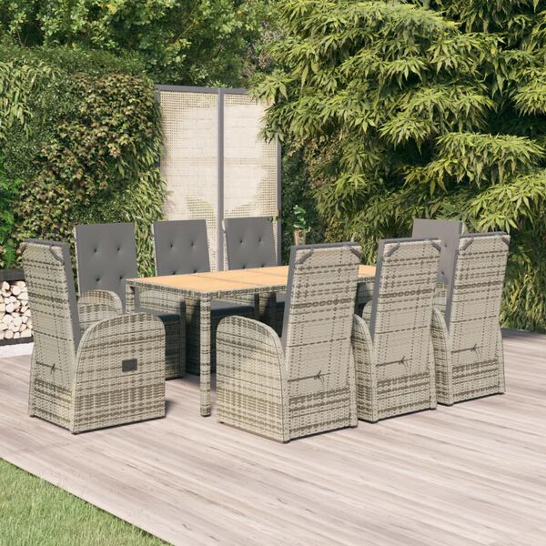 vidaXL Set comedor jardín 9 pzas y cojines ratán sintético gris