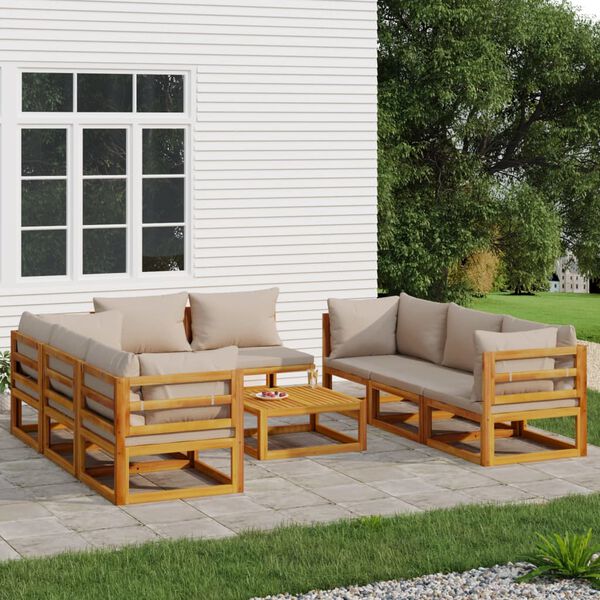 vidaXL Set muebles de jard&iacute;n 9 pzas madera maciza y cojines gris taup&eacute;