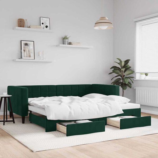 vidaXL Sof&aacute; cama nido con cajones terciopelo verde oscuro 90x200 cm