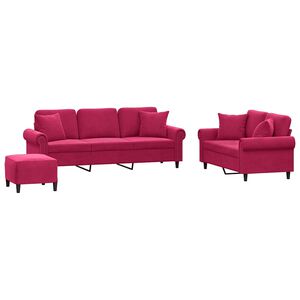 vidaXL Juego de sof&aacute;s con cojines 3 piezas terciopelo rojo tinto
