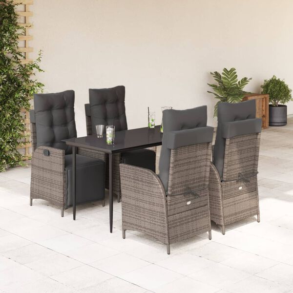 vidaXL Set comedor de jard&iacute;n 5 piezas con cojines rat&aacute;n sint&eacute;tico gris
