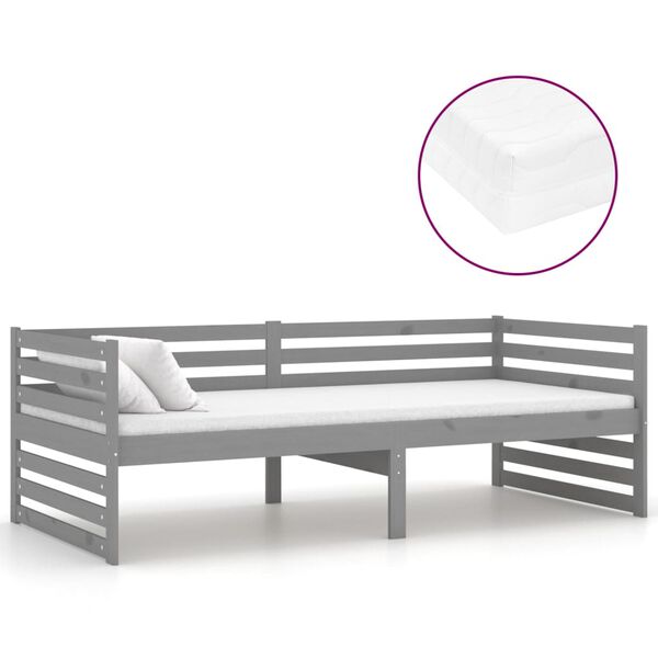 vidaXL Sof&aacute; cama con colch&oacute;n madera de pino maciza gris 90x200 cm