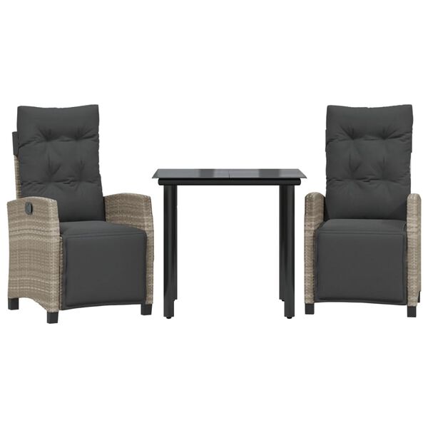 vidaXL Set comedor de jard&iacute;n 3 pzas cojines rat&aacute;n sint&eacute;tico gris claro