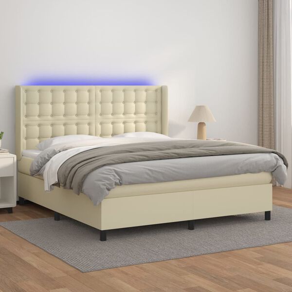vidaXL Cama box spring colch&oacute;n y LED cuero sint&eacute;tico crema 180x200 cm
