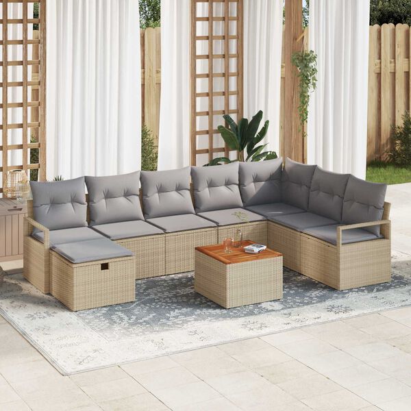 vidaXL Conjunto de sofá de jardín con cojín 9 pcs Beige Poliratán