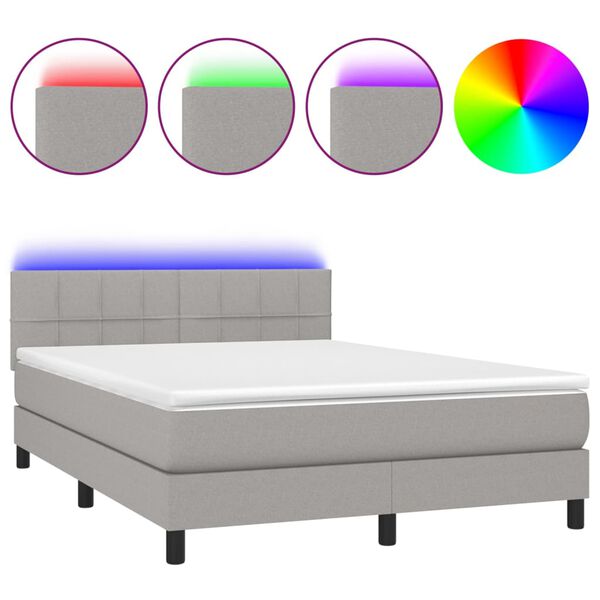 vidaXL Cama box spring colch&oacute;n y luces LED tela gris claro 140x200 cm