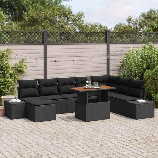 vidaXL Conjunto de Comedor de Jardín con cojín 9 pcs Negro y Marrón