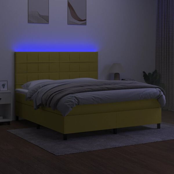 vidaXL Cama box spring colch&oacute;n y luces LED tela verde 160x200 cm