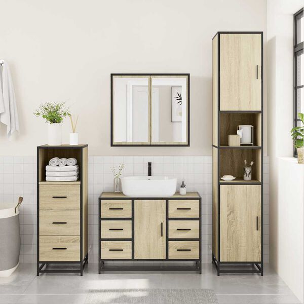 vidaXL Set de muebles de ba&ntilde;o 3 pzas madera contrachapada roble Sonoma