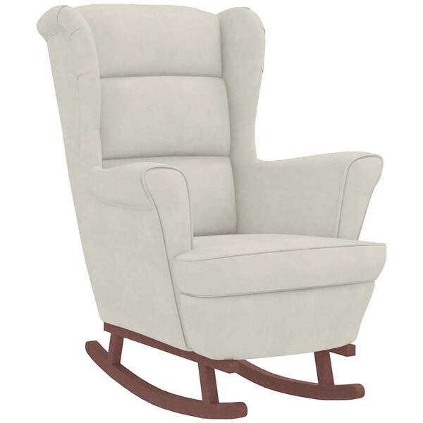 vidaXL Mecedora con respaldo alto de terciopelo crema y madera maciza