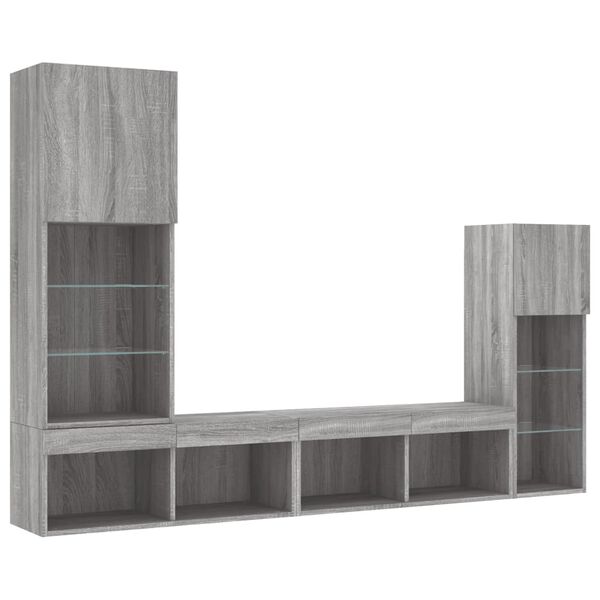 vidaXL Muebles TV pared con LED 4 pzas madera ingenier&iacute;a gris Sonoma