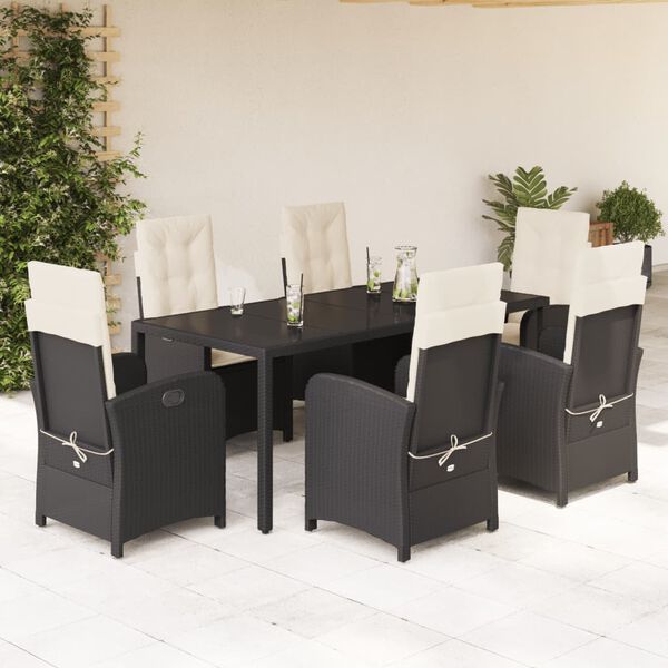 vidaXL Set de comedor de jard&iacute;n 7 pzas y cojines rat&aacute;n sint&eacute;tico negro