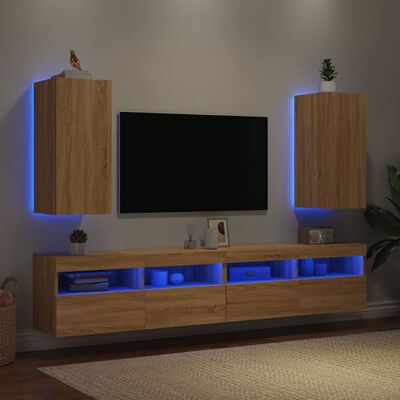 vidaXL Muebles de TV pared luces LED 2 uds roble Sonoma 30,5x35x70 cm