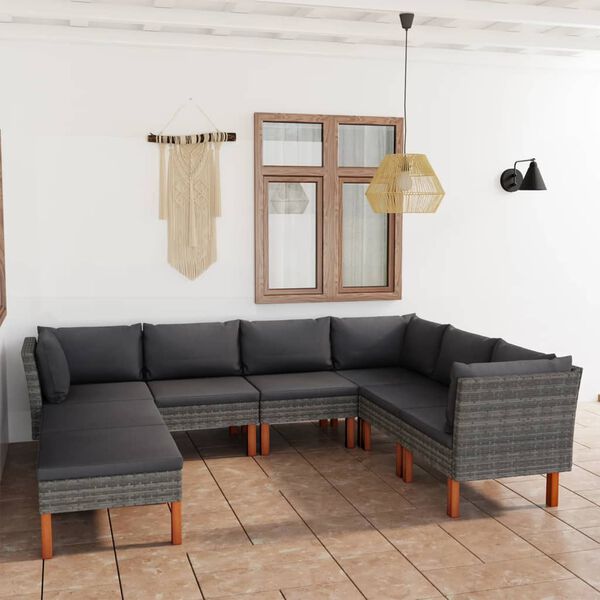vidaXL Set de muebles de jard&iacute;n 8 pzas y cojines rat&aacute;n sint&eacute;tico gris