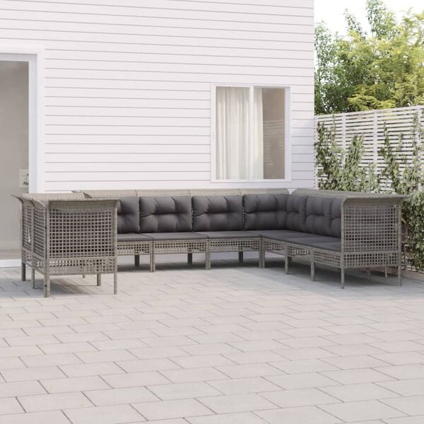 vidaXL Set de muebles de jard&iacute;n 9 pzas y cojines rat&aacute;n sint&eacute;tico gris
