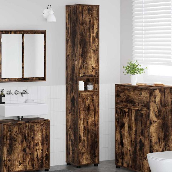 vidaXL Gabinete de Ba&ntilde;o con estante Roble ahumado 30,5 x 30 x 195 cm