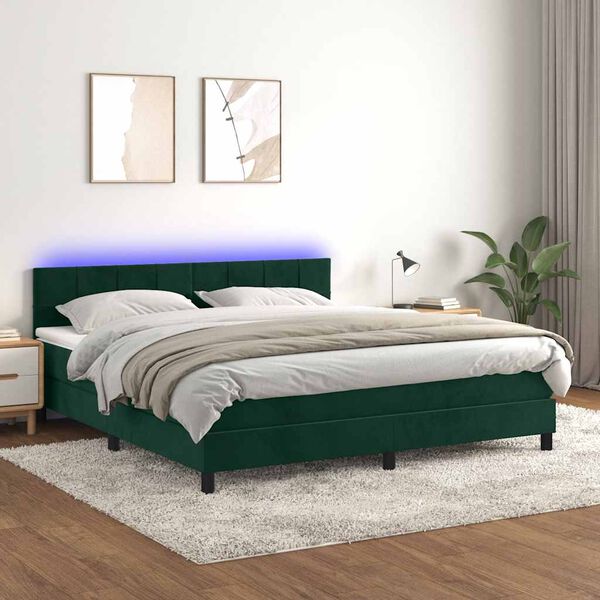 vidaXL Cama box spring colch&oacute;n y LED terciopelo verde oscuro 180x200cm