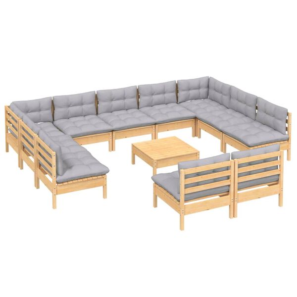 vidaXL Muebles de jard&iacute;n 12 pzas y cojines gris madera maciza de pino