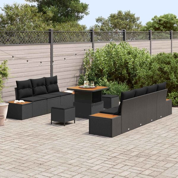 vidaXL Conjunto de sof&aacute; de jard&iacute;n con coj&iacute;n 10 pcs Negro Polirat&aacute;n