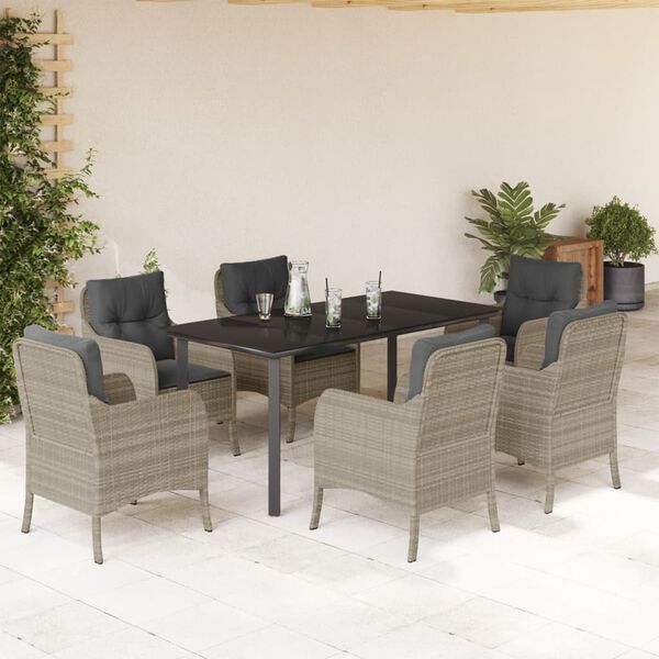 vidaXL Set comedor jard&iacute;n 7 pzas y cojines rat&aacute;n sint&eacute;tico gris claro