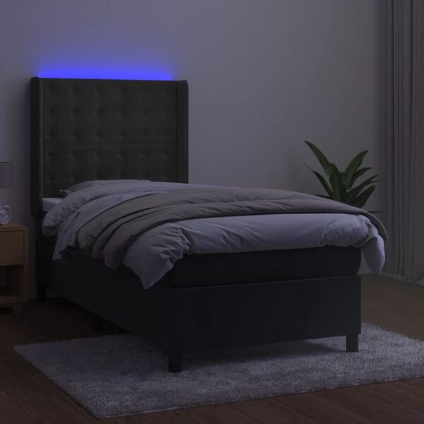 vidaXL Cama box spring colch&oacute;n y LED terciopelo gris oscuro 90x190 cm
