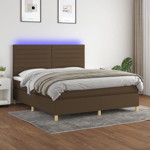 vidaXL Cama box spring colch&oacute;n luces LED tela marr&oacute;n oscuro 160x200cm