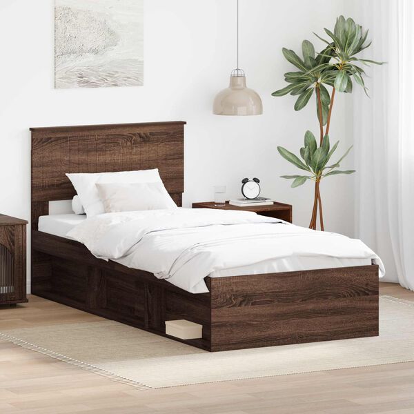vidaXL Estructura de cama con cabecera Roble Marr&oacute;n 90 x 190 cm
