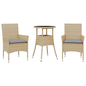vidaXL Set comedor jard&iacute;n 3 pzas cojines rat&aacute;n sint&eacute;tico vidrio beige