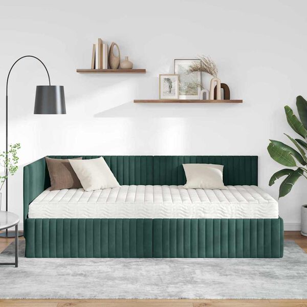 vidaXL Estructura de Cama Esquina con Colch&oacute;n 2 pcs Verde Terciopelo