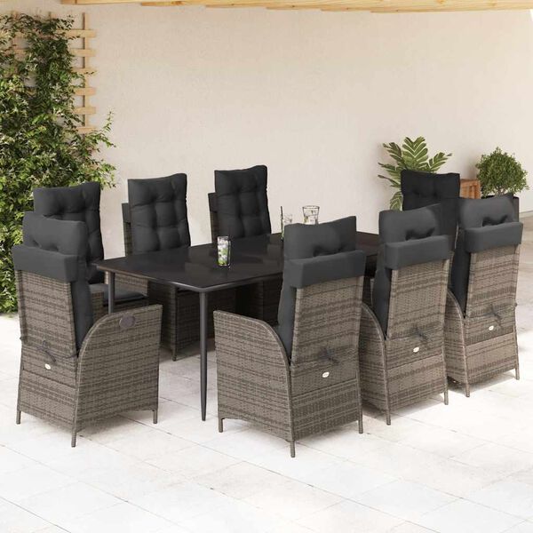 vidaXL Set comedor jard&iacute;n 9 pzas y cojines rat&aacute;n sint&eacute;tico gris