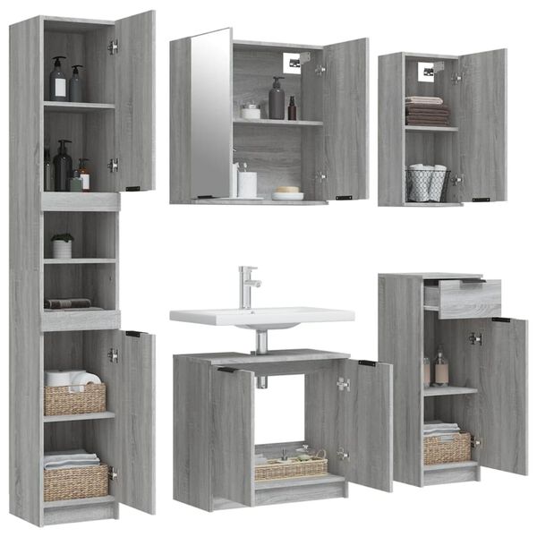 vidaXL Set de muebles de ba&ntilde;o 5 pzas madera contrachapada gris sonoma