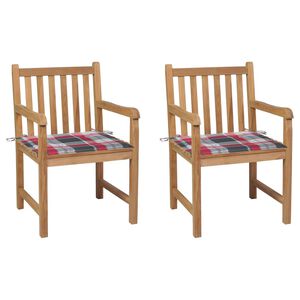 vidaXL Sillas de jard&iacute;n 2 uds madera de teca y cojines a cuadros rojos