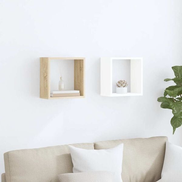 vidaXL Estantes cubo de pared 2 uds blanco y roble Sonoma 30x15x30 cm