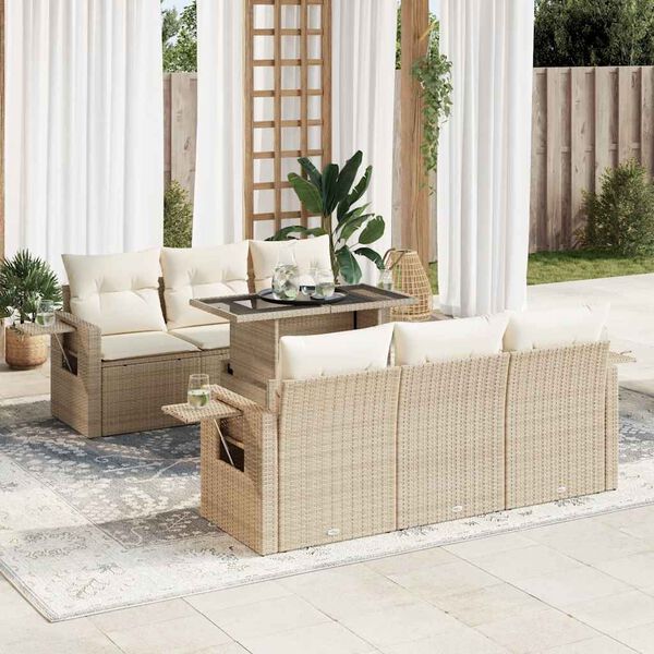 vidaXL Set sof&aacute;s de jard&iacute;n 7 piezas y cojines rat&aacute;n sint&eacute;tico beige
