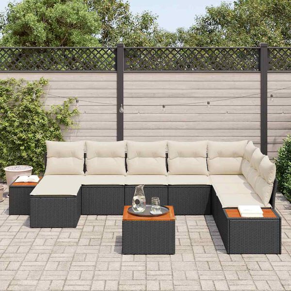 vidaXL Conjunto de sof&aacute;s de jard&iacute;n con coj&iacute;n 9 pcs Negro Polirat&aacute;n