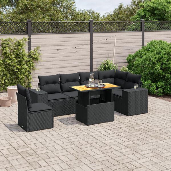 vidaXL Set de comedor de jard&iacute;n 7 pzas y cojines rat&aacute;n sint&eacute;tico negro