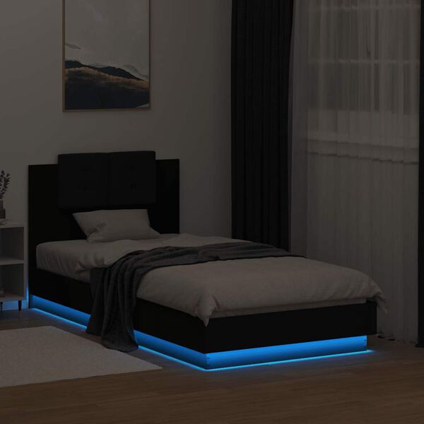 vidaXL Estructura de cama con cabecero y luces LED negro 75x190 cm
