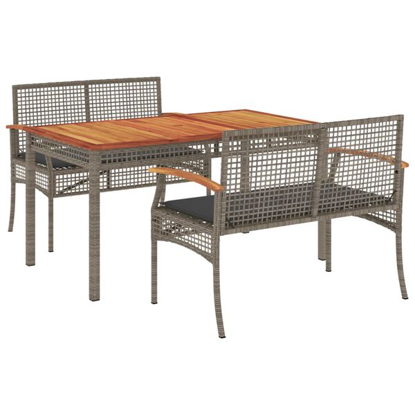 vidaXL Set comedor de jard&iacute;n 3 piezas con cojines rat&aacute;n sint&eacute;tico gris