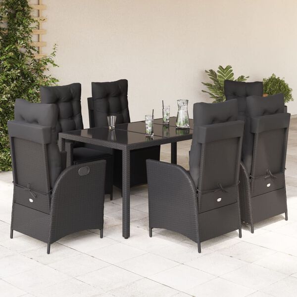 vidaXL Set de comedor de jard&iacute;n 7 pzas y cojines rat&aacute;n sint&eacute;tico negro