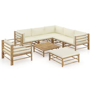 vidaXL Set de muebles de jard&iacute;n 8 piezas bamb&uacute; y cojines blanco crema
