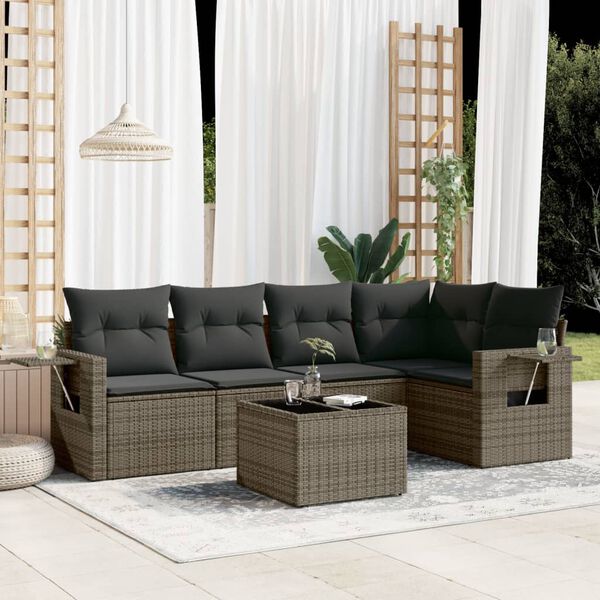 vidaXL Set de muebles de jard&iacute;n 6 pzas y cojines rat&aacute;n sint&eacute;tico gris