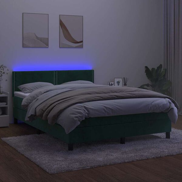 vidaXL Cama box spring colch&oacute;n y LED terciopelo verde oscuro 140x200cm